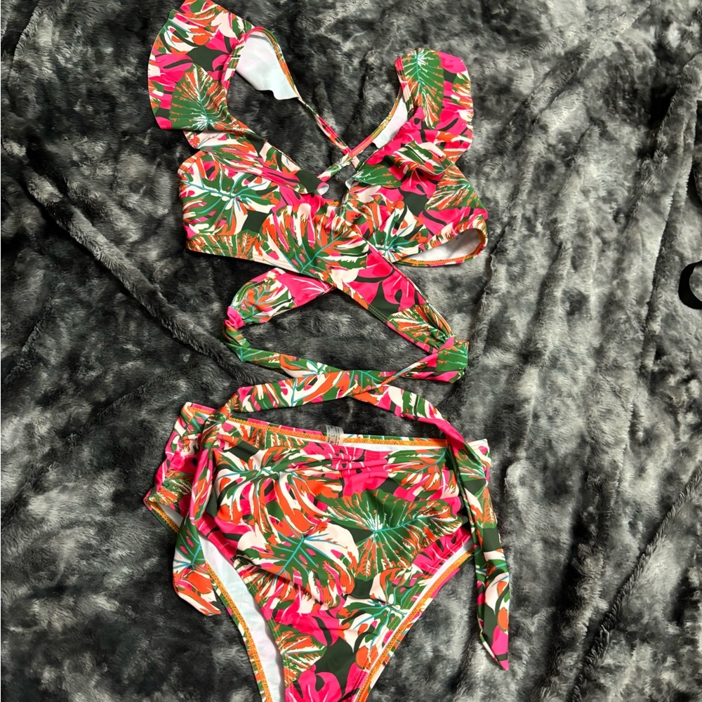 SHEIN Tropical Print Bikini Set - Pink and Green